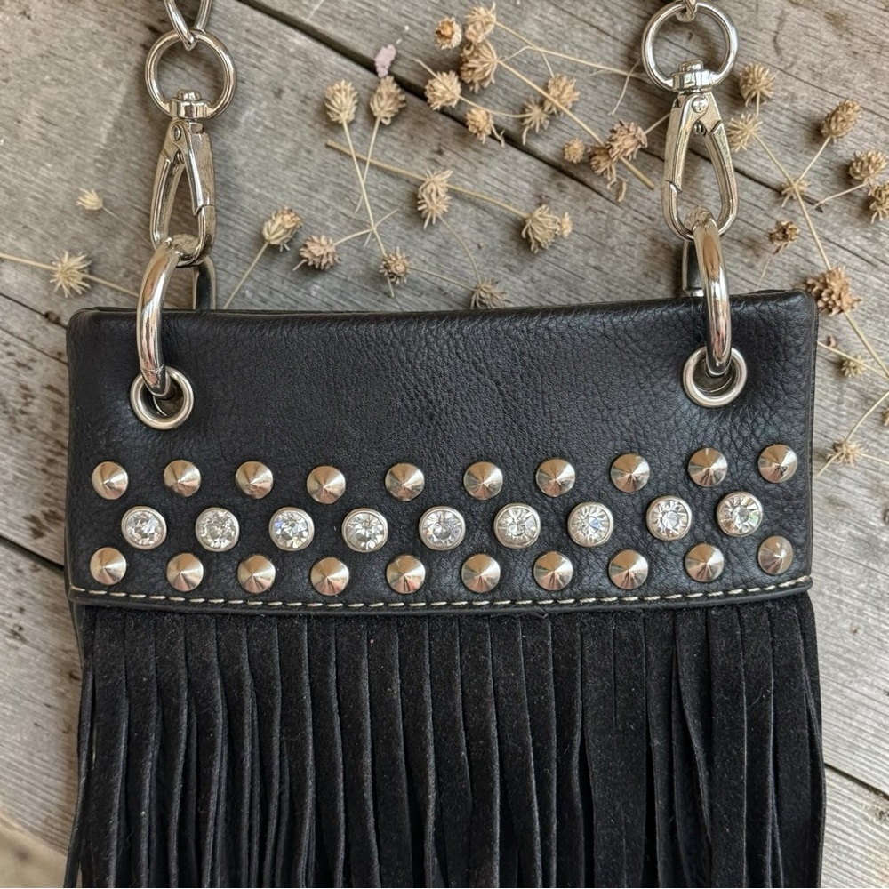 Western Fringe Crossbody Bag Black Silver Chain Rhinestone Studded Boho Purse - Picture 3 of 12